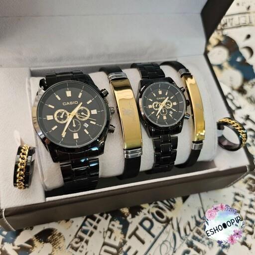 ساعت ست مردانه و زنانه با دستنبد و انگشتر برند کاسیو casio رنگ مشکی با دستبند چرم و